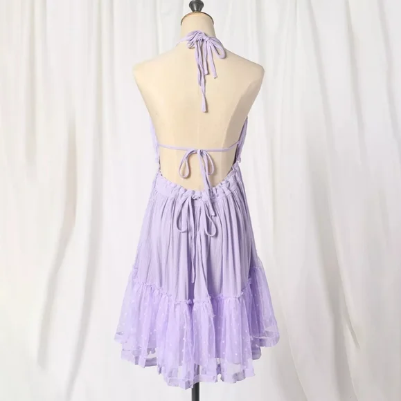 Lilac Layered Mesh Skirt Backless Halter Boho Beach Mini Dress - Picture 4 of 16